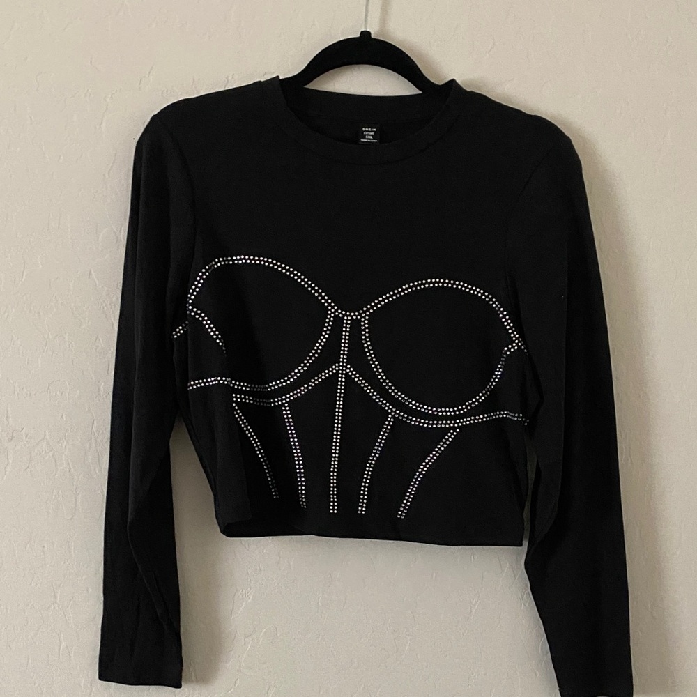 SHEIN Black Rhinestone Embellished Crop Top